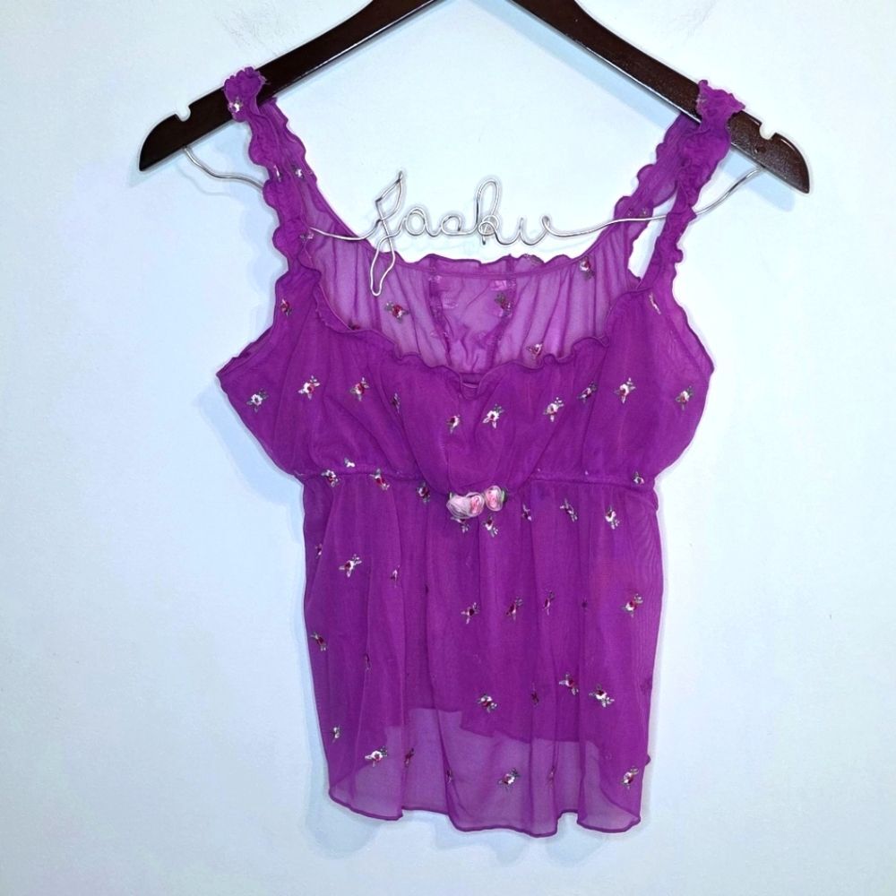 Victoria's Secret Sheer Fushia Purple Floral Lingerie Chemise Ruffle Size Medium